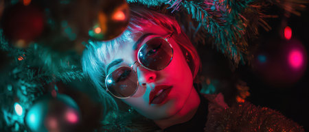 Vibrant lights reflect off shiny ornaments as a stylish person enjoys a festive atmosphere during New Year celebrations embracing a cyberpunk vibe.の素材