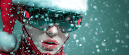 A futuristic figure in a Santa hat and high tech glasses stands in swirling snowflakes embodying a vibrant New Year celebration.の素材
