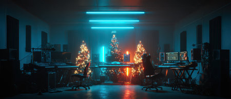 Bright lights illuminate a cyberpunk music studio decorated for New Year.の素材