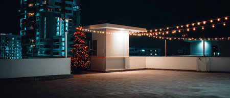 A minimalist rooftop space is adorned with strings of lights and a lovely tree. The atmosphere is festive as New Year approaches.の素材