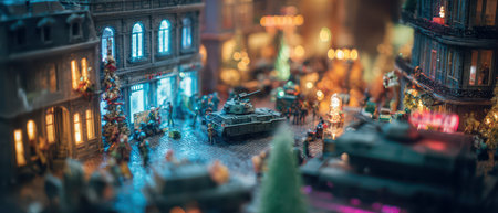 A bustling street scene showcases a vintage New Year celebration in a cyberpunk setting with festive lights tanks and cheerful crowds.の素材