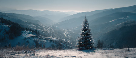 A charming Christmas tree stands in a snowy landscape surrounded by majestic mountains. The serene scene captures a peaceful winter afternoon.の素材