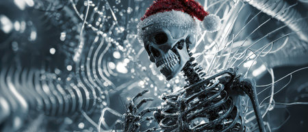 A haunting skeletal figure adorned with a Santa hat stands amidst shimmering decorations capturing the spirit of New Year in a surreal setting.の素材
