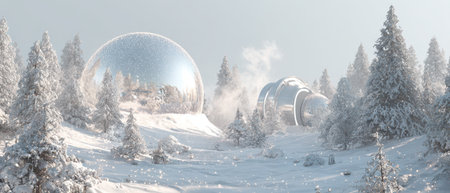 A tranquil winter scene features reflective spheres amid snow covered trees celebrating the New Year with a peaceful atmosphere and soft snowfall.の素材
