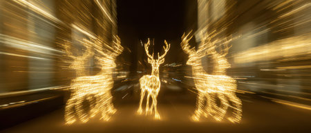 Glowing reindeer decorations create a magical scene during the holiday season capturing the spirit of New Years celebrations in a vibrant blur.の素材