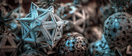 Decorative ornaments of various shapes shine in steampunk style adding a whimsical touch to the holiday festivities during the New Year season.の素材