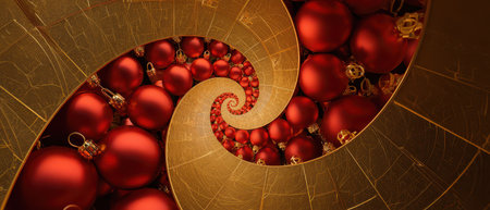A stunning Christmas ambiance highlights red ornaments spiraling inward creating a golden ratio effect that captures the festive spirit beautifully.の素材