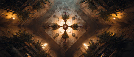 Soft lighting illuminates the eerie beauty of a space adorned with mildew and greenery creating an enchanting atmosphere for New Year festivities.の素材