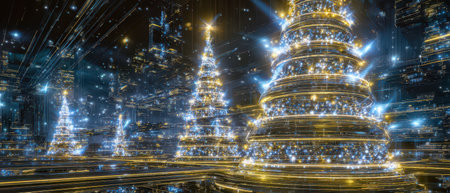 Illuminated trees shine bright in a dynamic city landscape celebrating New Year with vibrant lights and a festive atmosphere.の素材