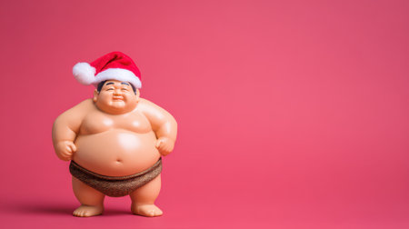 A cheerful sumo toy wearing a Santa hat poses on a bright pink background bringing a sense of joy and holiday spirit to the New Year celebration.の素材