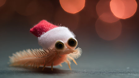 A small fish with a fluffy Santa hat poses cheerfully surrounded by soft glowing lights. Perfect for a playful New Year spirit.の素材