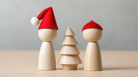 Two wooden figures wear bright red hats beside a charming wooden tree enjoying a joyful moment of celebration for the New Year season.の素材