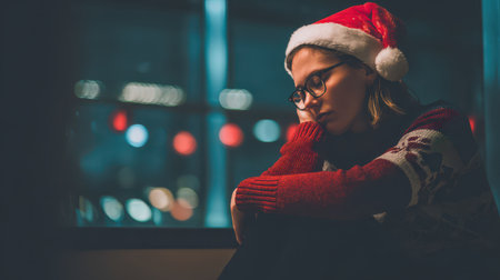 A person wearing a Christmas hat sits thoughtfully by a window gazing at festive lights outside embodying the spirit of the New Year.の素材