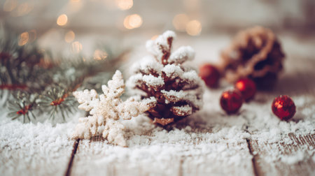Cozy holiday scene with snowy pinecones red ornaments and evergreen branches evoking warmth and joy during the New Year festivities.の素材