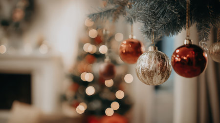 Glittering ornaments hang from a tree branch casting a warm glow in a stylish living room filled with holiday cheer and celebration.の素材