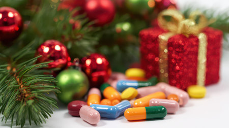 Bright capsules scatter on a table surrounded by festive green pine shiny ornaments and a vibrant red gift box celebrating the holiday season.の素材