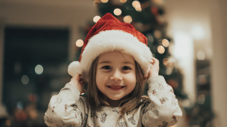 A young child wearing a red Christmas hat smiles brightly as cozy holiday lights twinkle in the background. The scene is warm and joyful.の素材