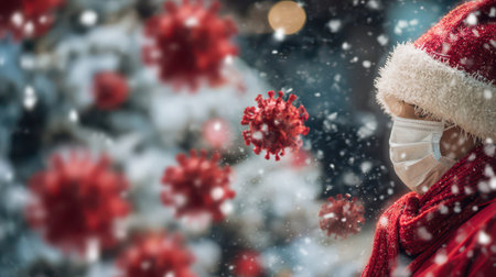 A person wearing a festive hat and mask stands amidst falling snowflakes reflecting on the holiday season.の素材