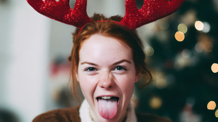 A cheerful young woman with reindeer horns sticks out her tongue capturing playful energy during a festive New Year celebration at home.の素材