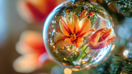 Delicate flowers in warm hues reflect beautifully in a festive ornament capturing the essence of the New Year celebrations in a cozy setting.の素材