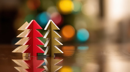 Two small wooden Christmas trees in vibrant colors stand on a reflective surface spreading festive cheer during the holiday season.の素材
