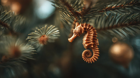 A unique seahorse ornament hangs from a pine tree branch symbolizing a blend of nature and celebration during the winter holiday season.の素材