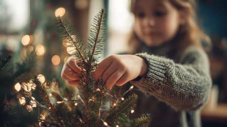 A young child places ornaments on a Christmas tree surrounded by warm lights creating a festive atmosphere in preparation for New Year celebrations.の素材