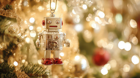 A shiny robot ornament dangles from a beautifully decorated Christmas tree. Twinkling lights and golden tinsel create a warm joyful atmosphere.の素材