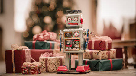 A cheerful vintage robot stands surrounded by wrapped presents bringing a festive atmosphere.の素材