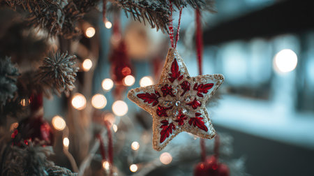 A beautiful star ornament in red and gold hangs from a decorated tree shining brightly with warm holiday lights in the background.の素材
