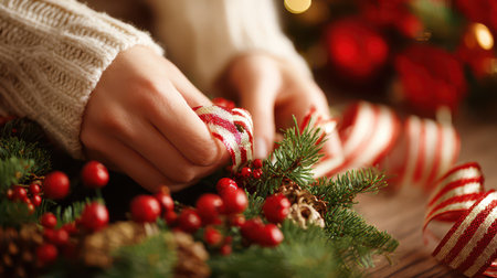 Hands skillfully arrange red ribbons and greenery to craft a festive wreath capturing the spirit of the upcoming New Year celebrations at home.の素材