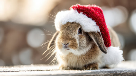 A fluffy rabbit sits joyfully in a festive red and white Santa hat embodying the spirit of New Year celebrations filled with joy and warmth.の素材