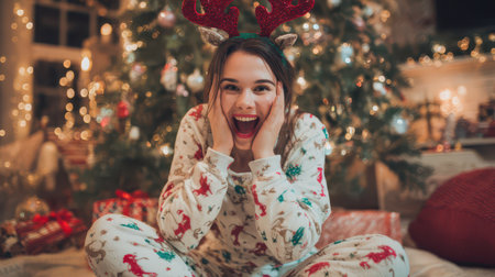 A young woman in festive pajamas sits excitedly on the floor surrounded by gifts and a beautifully decorated Christmas tree.の素材