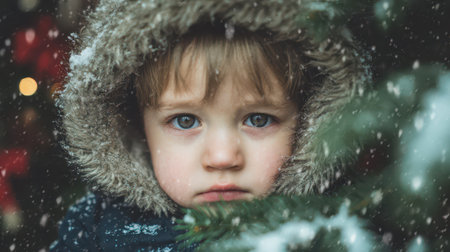 A young child stands surrounded by snowflakes looking thoughtfully wrapped in a warm coat with a fluffy hood. The holiday spirit fills the air.の素材