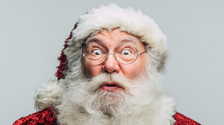 A joyful man dressed as Santa Claus with wide eyes and a white beard showcases a surprised expression during New Years festivities.の素材