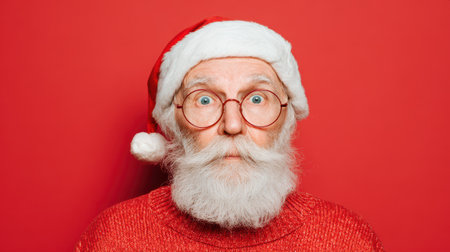 A cheerful man wearing a Santa hat and a red sweater looks surprised capturing the joyful spirit of the New Year celebrations.の素材