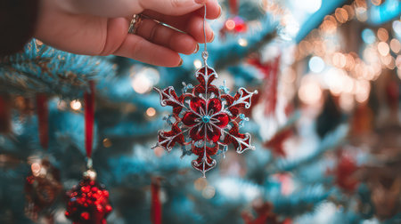 A delicate red and silver snowflake ornament hangs gracefully from a hand surrounded by shimmering holiday decorations and lights.の素材