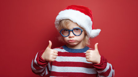 A young child with a Santa hat makes thumbs up gestures against a bright red background capturing a playful holiday spirit at New Year.の素材