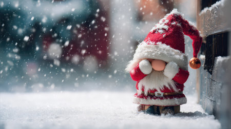 A joyful Santa figure sits in the snow covering his eyes with hands. Snowflakes gently fall creating a magical New Year scene filled with warmth.の素材