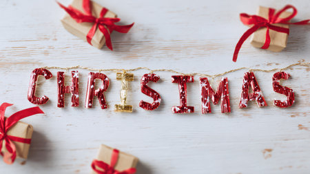 Bright red letters spell out Christmas surrounded by small wrapped gifts. The scene captures the warmth and spirit of holiday cheer.の素材