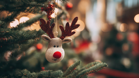 A cheerful reindeer ornament hangs from a lush green tree adding charm to the festive holiday atmosphere filled with warm lights and colors.の素材
