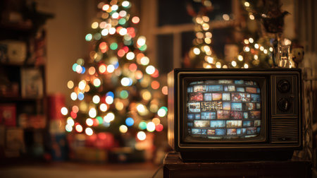A warm indoor setting showcases a vintage television playing old shows. A decorated Christmas tree glows nearby creating festive cheer.の素材