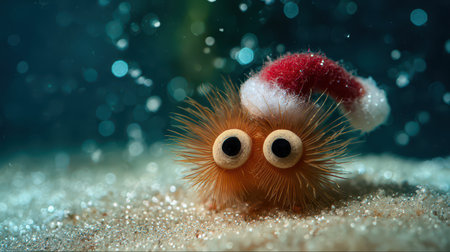 A cheerful sea creature sports a festive Santa hat while resting on the sandy ocean floor surrounded by sparkling bubbles and light.の素材