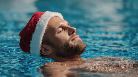 A young man enjoys a peaceful moment floating in a pool wearing a festive hat. The water glistens in the sunlight creating a joyous atmosphere.の素材