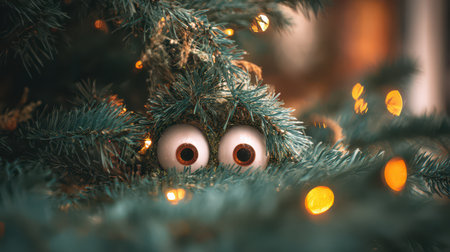 A whimsical scene captures a curious creature hiding among Christmas tree branches surrounded by glowing lights and holiday cheer inviting joy.の素材
