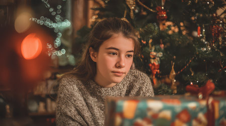 A young girl sits quietly near a beautifully adorned Christmas tree lost in thought while gifts surround her in a cozy room filled with warm lights.の素材