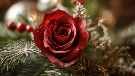 A red rose blooms among lush greenery adding charm and warmth to New Yearの素材