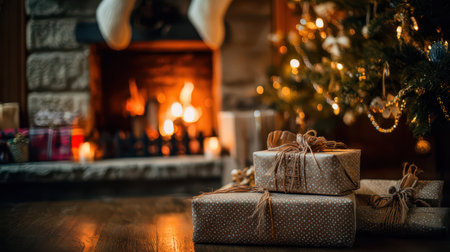 Warm light fills the room as beautifully wrapped gifts sit near a glowing fireplace creating a joyful New Year atmosphere.の素材