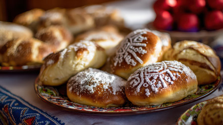 A festive spread of sweet pastries adorned with sugar on a colorful plate capturing the essence of New Year celebrations and warmth.の素材