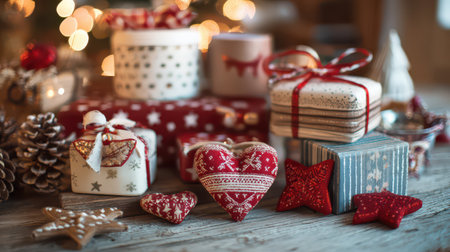 Enjoy a collection of cheerful gifts ready for sharing during the New Year festivities adorned with red and white decorations and sparkly lights.の素材